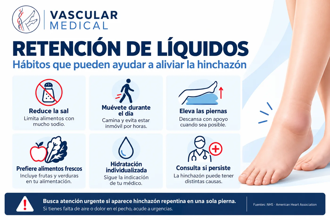 Infografía de Vascular Medical con hábitos para aliviar la retención de líquidos: reducir la sal, moverse durante el día, elevar las piernas, preferir alimentos frescos, hidratarse según indicación médica y consultar si persiste
